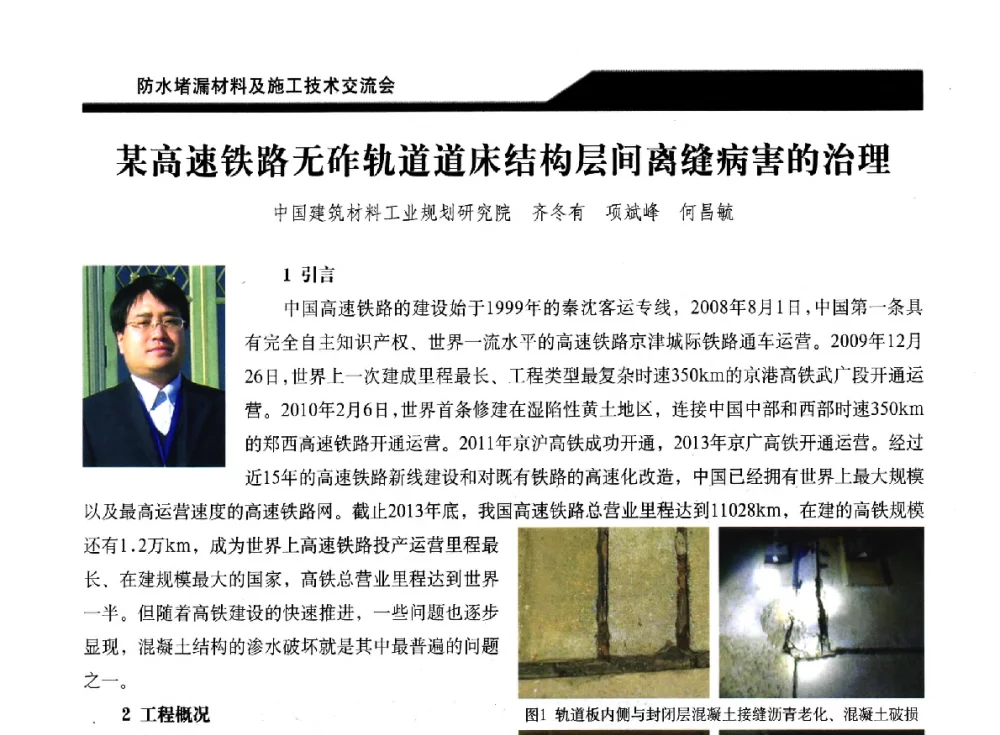 某高速铁路无砟轨道道床结构层间离缝病害的治理 - 2014防水堵漏材料及施工技术交流会