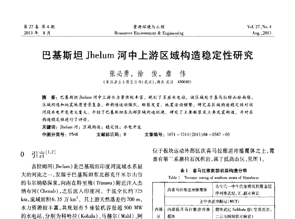 巴基斯坦Jhelum河中上游区域构造稳定性研究 - 2013年中国水利学会勘测专业委员会年会暨技术交流会