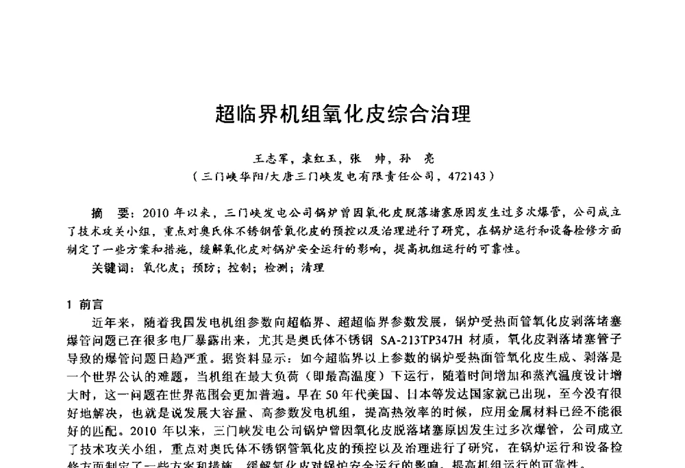 超临界机组氧化皮综合治理 - 第四届火电行业化学(环保)专业技术交流会