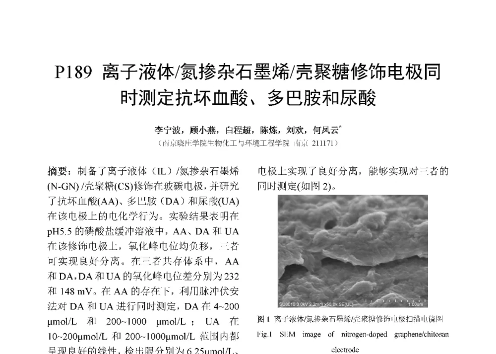 离子液体_氮掺杂石墨烯_壳聚糖修饰电极同时测定抗坏血酸、多巴胺和尿酸 - 第十二届全国化学传感器学术会议