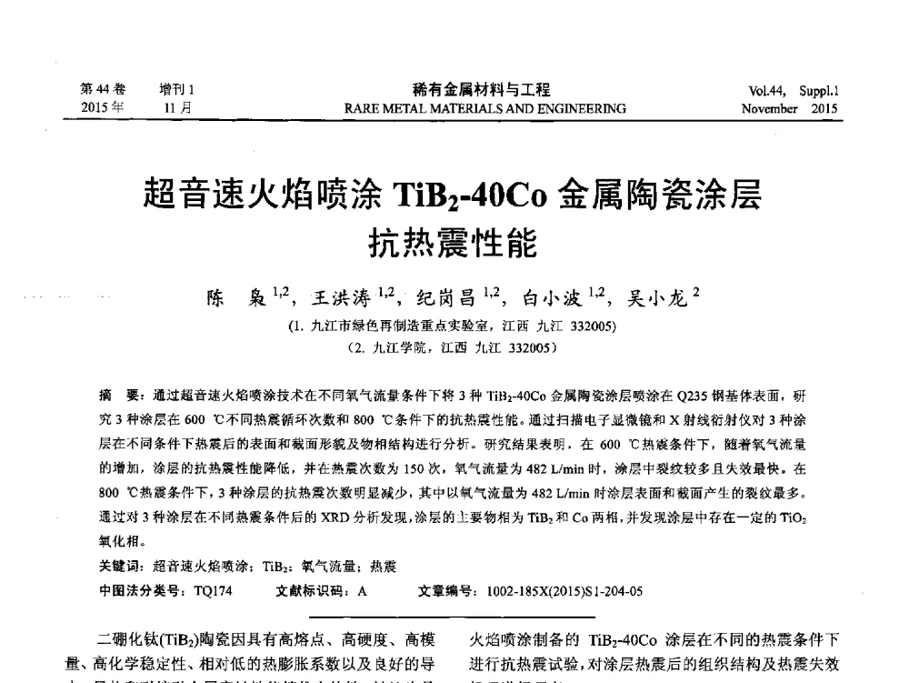 超音速火焰喷涂TiB2-40Co金属陶瓷涂层抗热震性能 - 第十八届全国高技术陶瓷学术年会