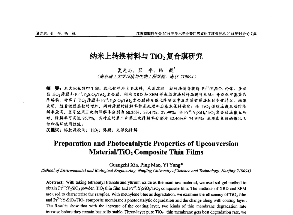 纳米上转换材料与TiO2复合膜研究 - 江苏省颗粒学会2014年学术年会暨江苏省化工环保技术2014研讨会
