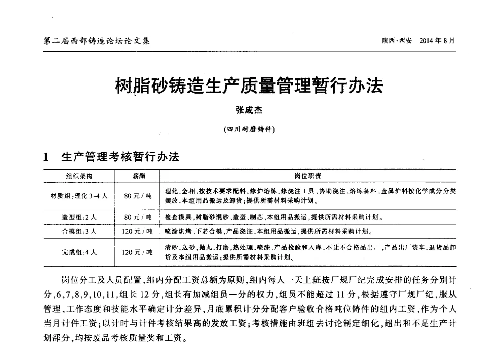 树脂砂铸造生产质量管理暂行办法 - 2014年第二届西部铸造论坛