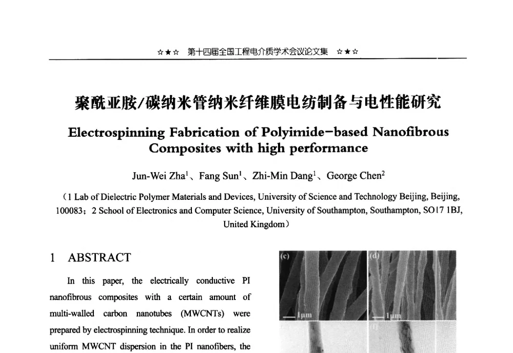 聚酰亚胺_碳纳米管纳米纤维膜电纺制备与电性能研究 - 第十四届全国工程电介质学术会议