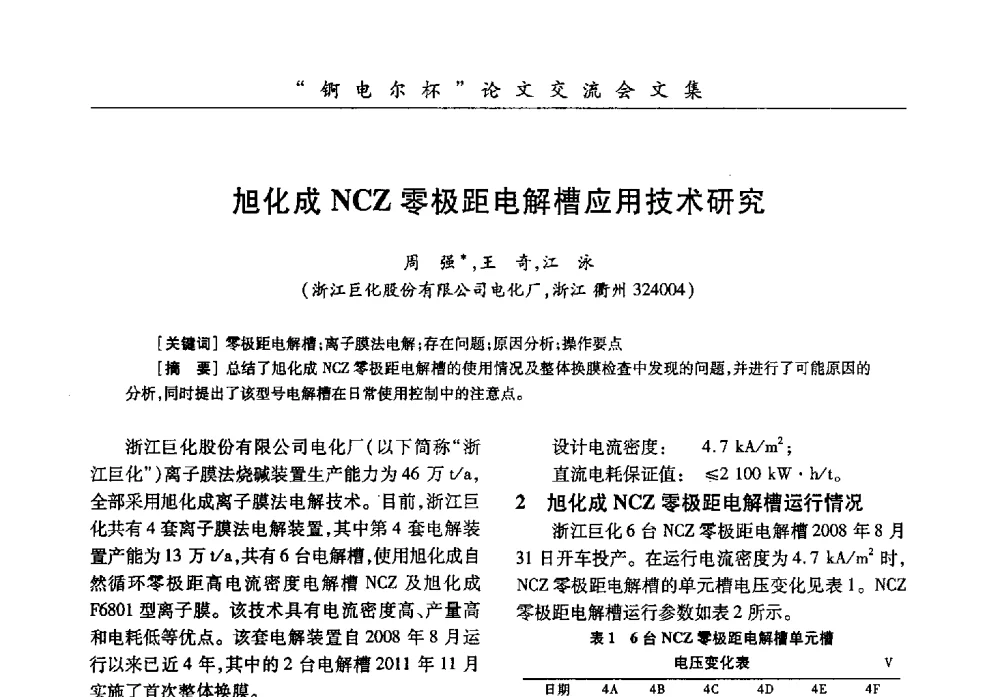 旭化成NCZ零极距电解槽应用技术研究 - 中国化工学会膜极距电解技术研讨会暨“锕电尔杯”论文交流会