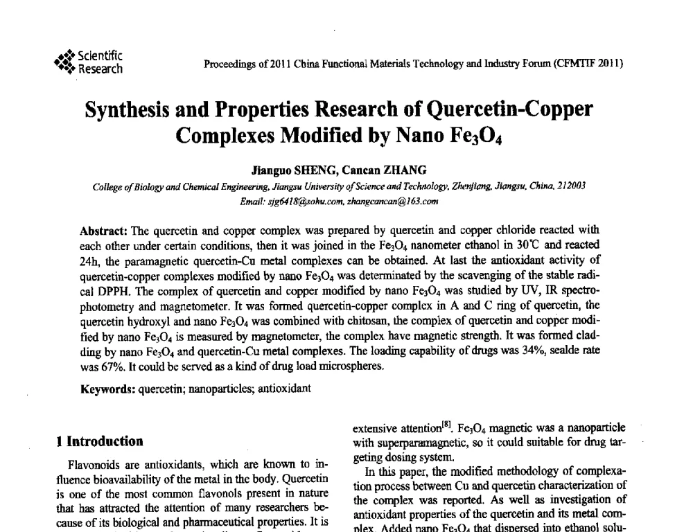 Synthesis and Properties Research of Quercetin-Copper Complexes Modified by Nano Fe3O4 - 2011中国功能材料科技与产业高层论坛