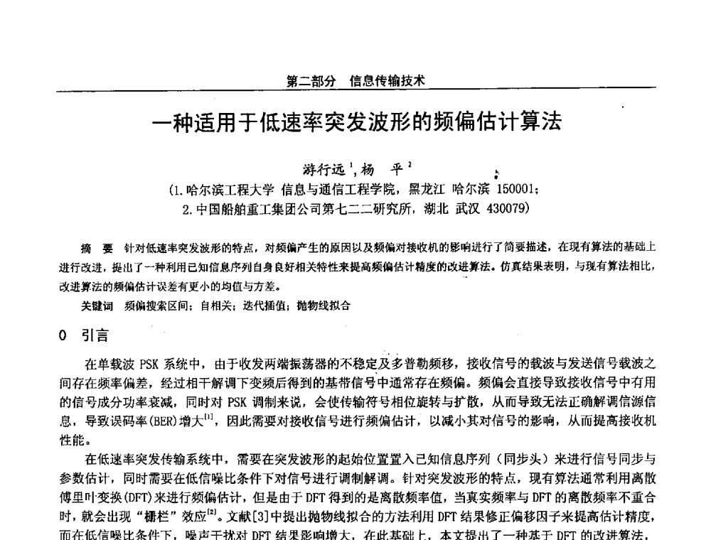 一种适用于低速率突发波形的频偏估计算法 - 第二十八届全国通信与信息技术学术年会