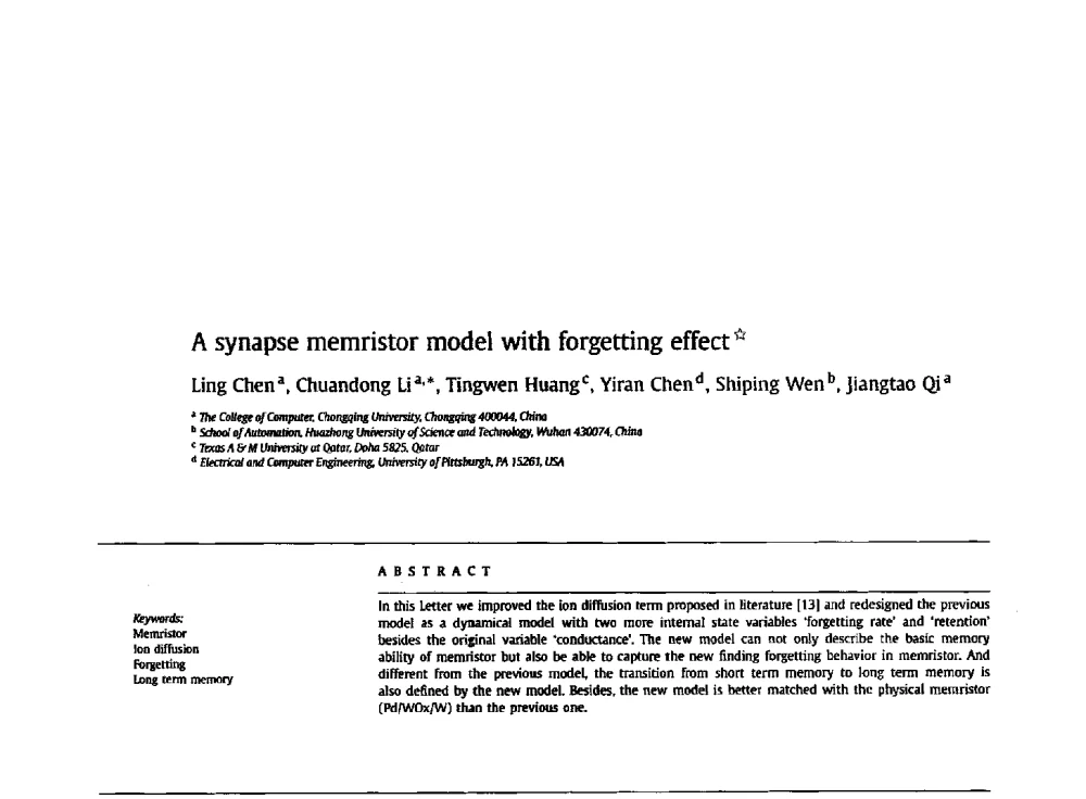 A synapse memristor model with forgetting effect - 西南大学2014年全国博士生学术论坛(电子技术与信息科学领域)