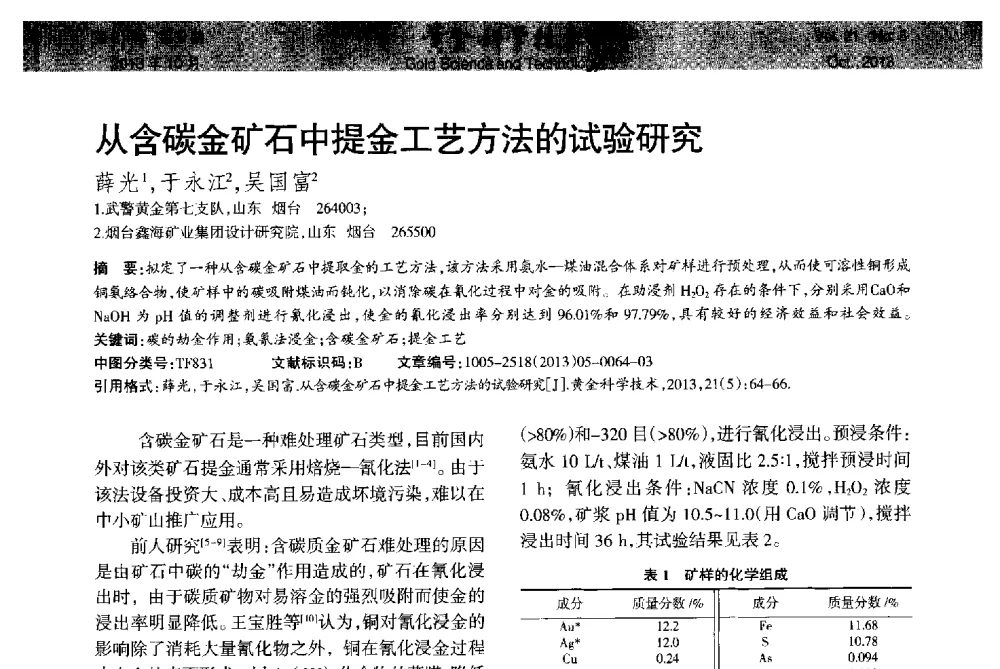 从含碳金矿石中提金工艺方法的试验研究 - 首届黄金及贵金属关键冶炼技术与装备创新研讨会