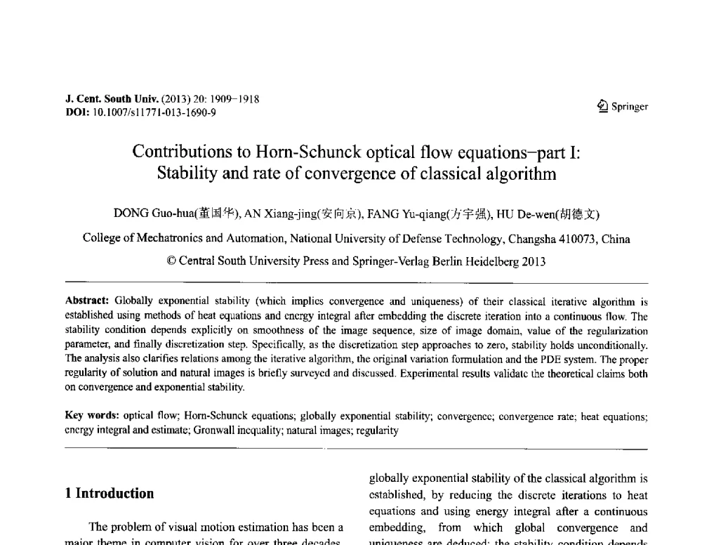 Contributions to Hom-Schunck optical flow equations-part Ⅰ_Stability and rate of convergence of classical algorithm - 第八届全国青年岩土力学与工程会议暨青年华人岩土工程论坛