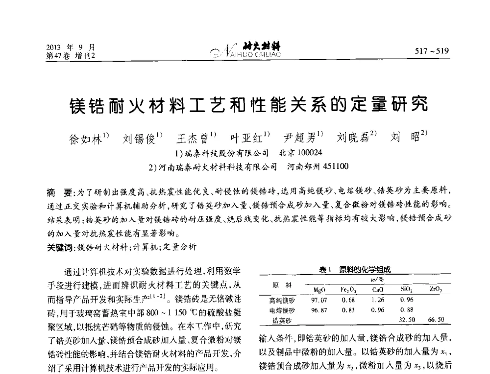 镁锆耐火材料工艺和性能关系的定量研究 - 2013耐火材料综合学术会议、第十二届全国不定形耐火材料学术会议、2013耐火原料学术交流会