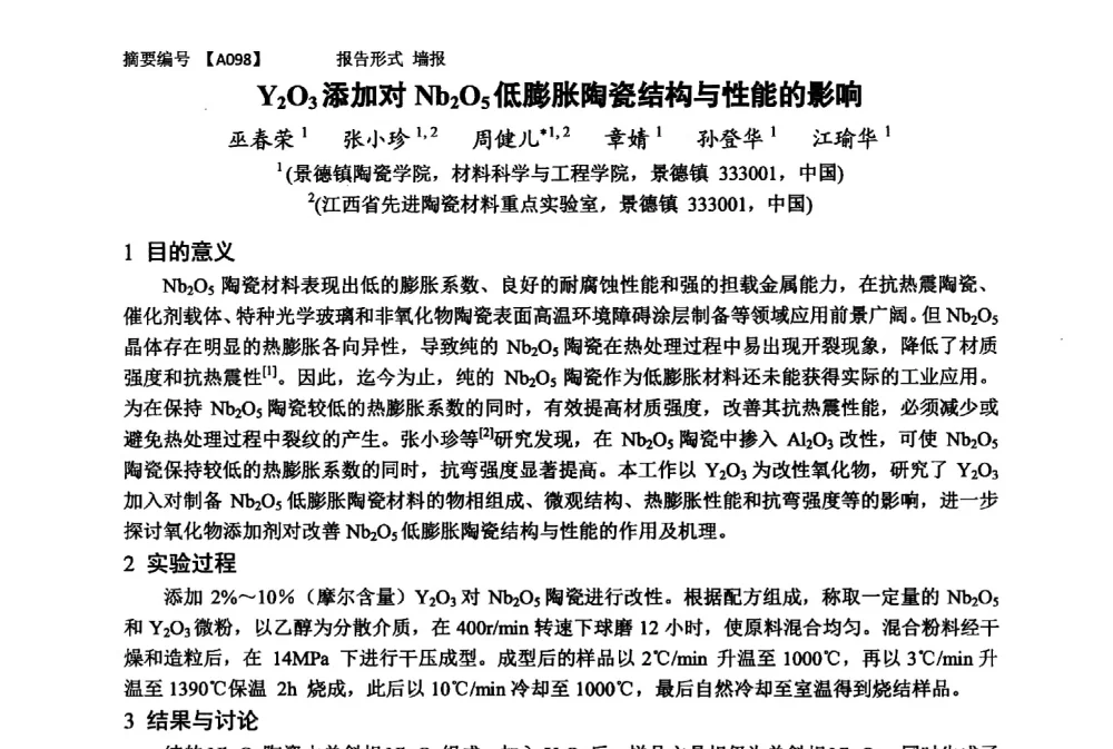 Y2O3添加对Nb2O5低膨胀陶瓷结构与性能的影响 - 第十一届全国工程陶瓷学术年会