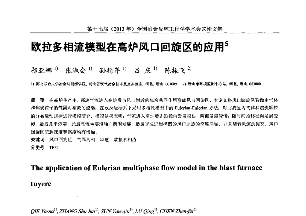 欧拉多相流模型在高炉风口回旋区的应用 - 第十七届(2013年)全国冶金反应工程学学术会议
