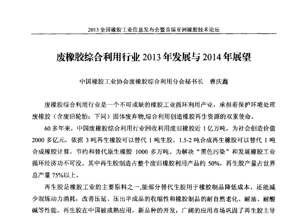 废橡胶综合利用行业2013年发展与2014年展望 - 全国橡胶工业信息发布会暨首届亚洲橡胶技术论坛