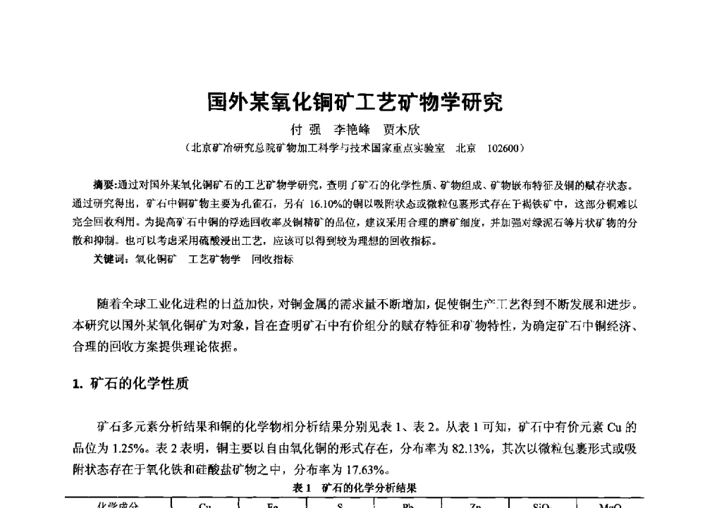 国外某氧化铜矿工艺矿物学研究 - 2013年全国生产矿山提高资源保障与利用及深部找矿成果交流会
