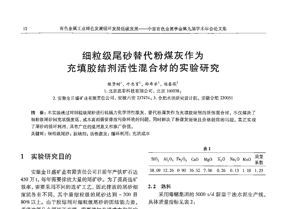 细粒级尾砂替代粉煤灰作为充填胶结剂活性混合材的实验研究 - 中国有色金属学会第九届学术年会