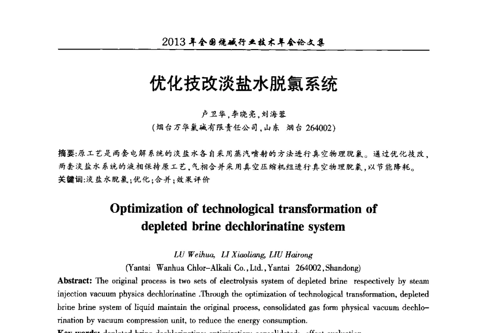 优化技改淡盐水脱氯系统 - 2013年全国烧碱行业技术年会