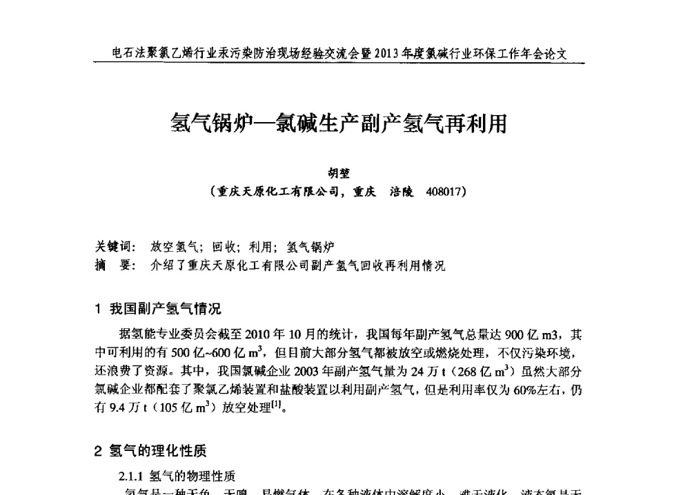氢气锅炉-氯碱生产副产氢气再利用 - 电石法聚氯乙烯行业汞污染防治现场经验交流会暨2013年度氯碱行业环保工作年会