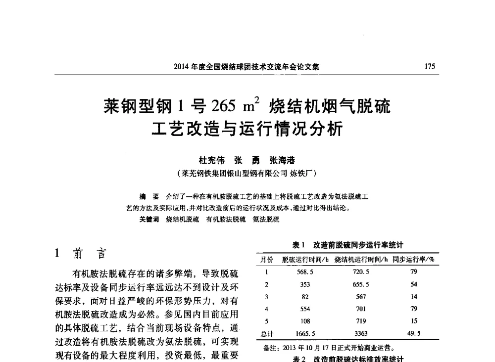 菜钢型钢1号265m2烧结机烟气脱硫工艺改造与运行情况分析 - 2014年度全国烧结球团技术交流年会