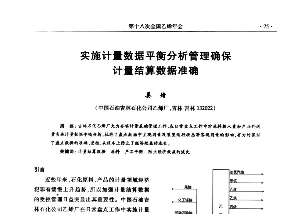 实施计量数据平衡分析管理确保计量结算数据准确 - 第十八次全国乙烯年会