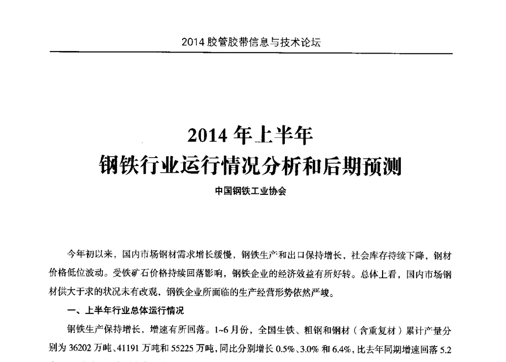 2014年上半年钢铁行业运行情况分析和后期预测 - 中国橡胶工业协会胶管胶带分会第八届新一任二次会员代表大会暨胶管胶带信息与技术论坛