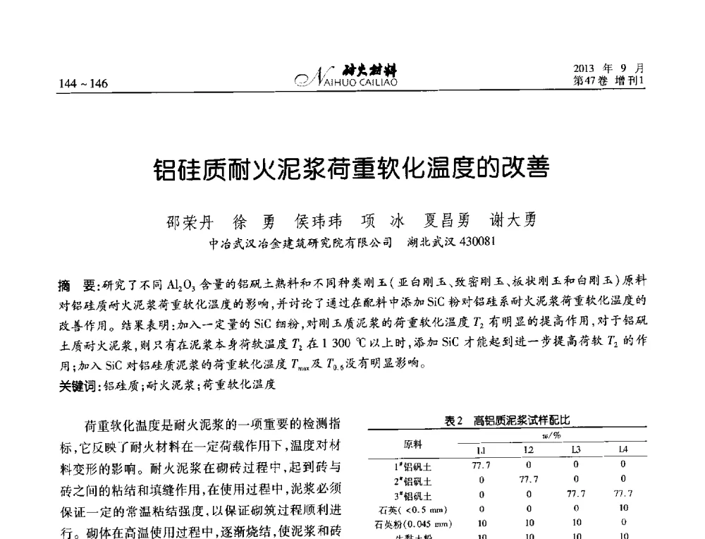 铝硅质耐火泥浆荷重软化温度的改善 - 2013耐火材料综合学术会议、第十二届全国不定形耐火材料学术会议、2013耐火原料学术交流会
