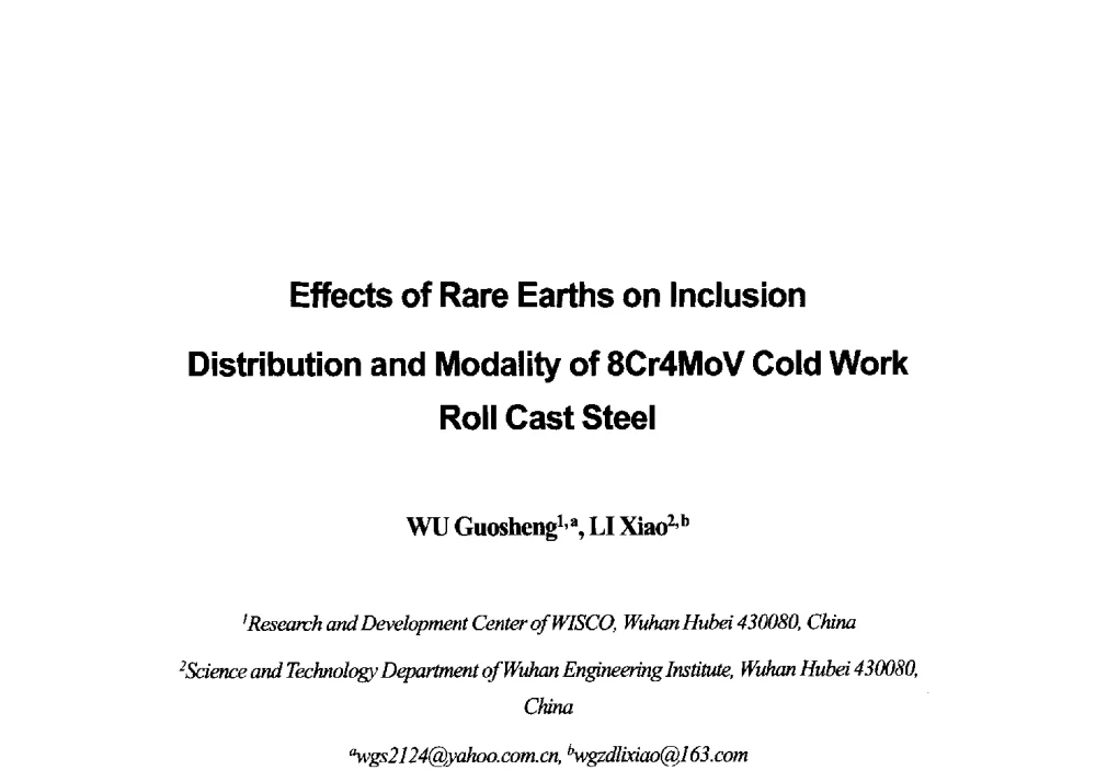 Effects of Rare Earths on Inclusion Distribution and Modality of 8Cr4MoV Cold Work Roll Cast Steel - 第八届海峡两岸工程材料研讨会