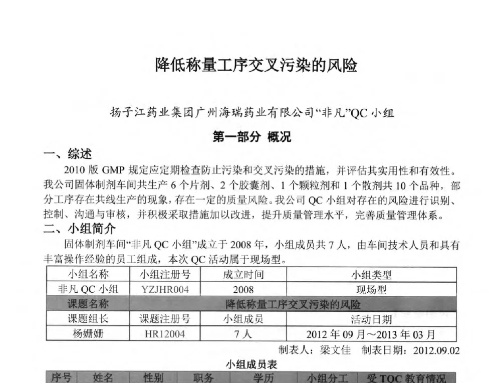 降低称量工序交叉污染的风险 - 第34次全国医药行业QC小组成果发表交流会