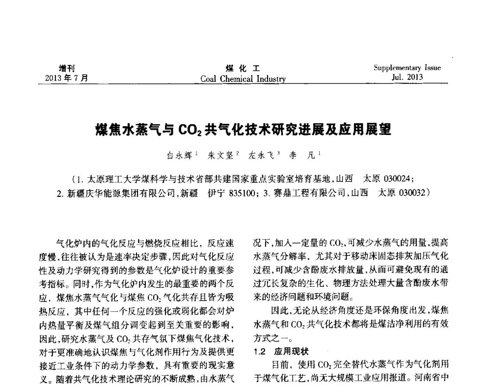 煤焦水蒸气与CO2共气化技术研究进展及应用展望 - 2013’中国煤化工技术、市场、信息交流会暨“十二五”产业发展研讨会