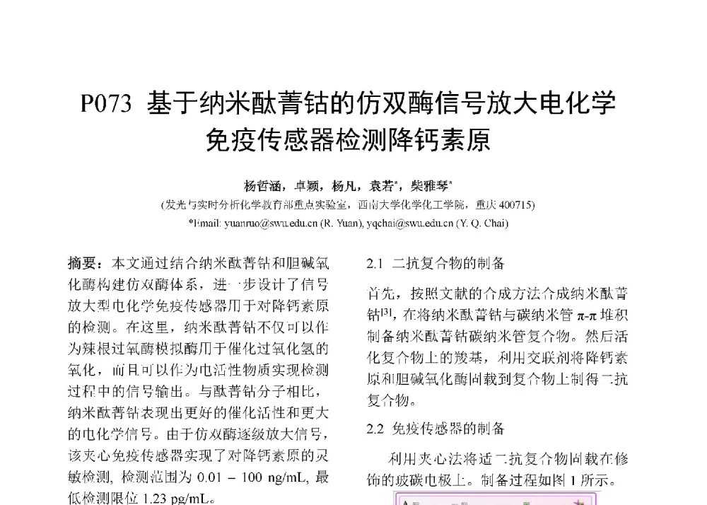 基于纳米酞菁钴的仿双酶信号放大电化学免疫传感器检测降钙素原 - 第十二届全国化学传感器学术会议