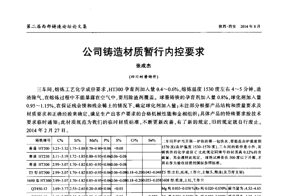 公司铸造材质暂行内控要求 - 2014年第二届西部铸造论坛