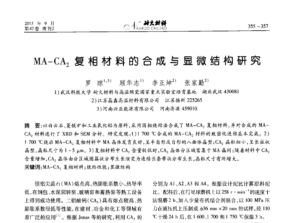 MA-CA2复相材料的合成与显微结构研究 - 2013耐火材料综合学术会议、第十二届全国不定形耐火材料学术会议、2013耐火原料学术交流会