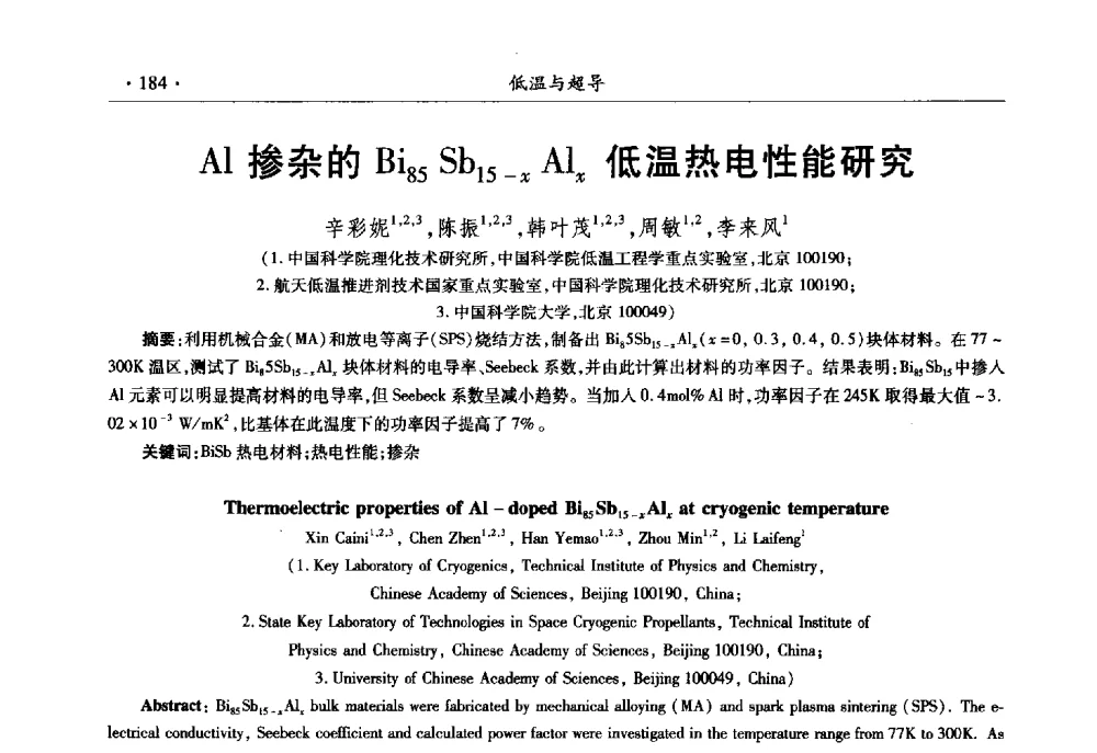 A1掺杂的Bi85Sb15-xAlx低温热电性能研究 - 第十一届全国低温工程大会