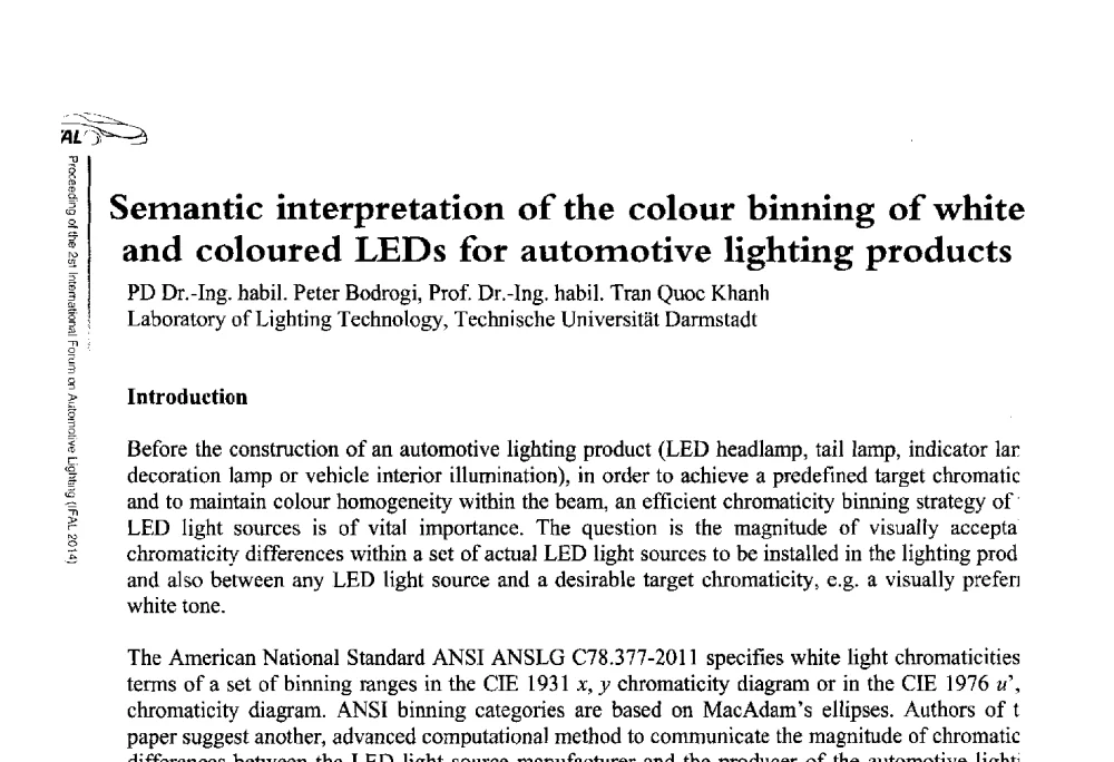 Semantic interpretation of the colour binning of white and coloured LEDs for automotive lighting products - The 2nd International Forum on Automotive Lighting_2nd IFAL(第二届中国国际汽车照明论坛(2014))