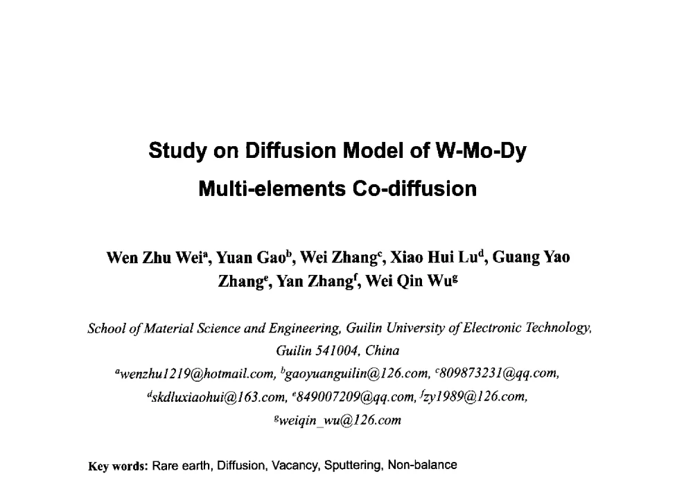 Study on Diffusion Model of W-Mo-Dy Multi-elements Co-diffusion - 第八届海峡两岸工程材料研讨会