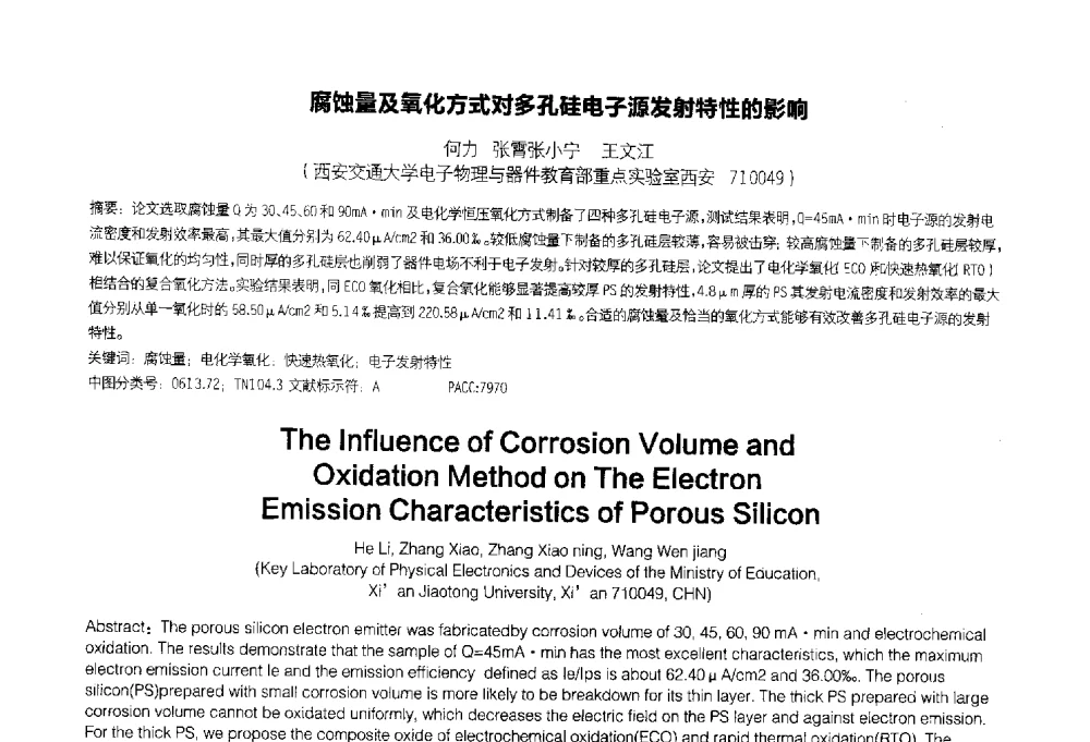 腐蚀量及氧化方式对多孔硅电子源发射特性的影响 - 2014中国平板显示学术会议