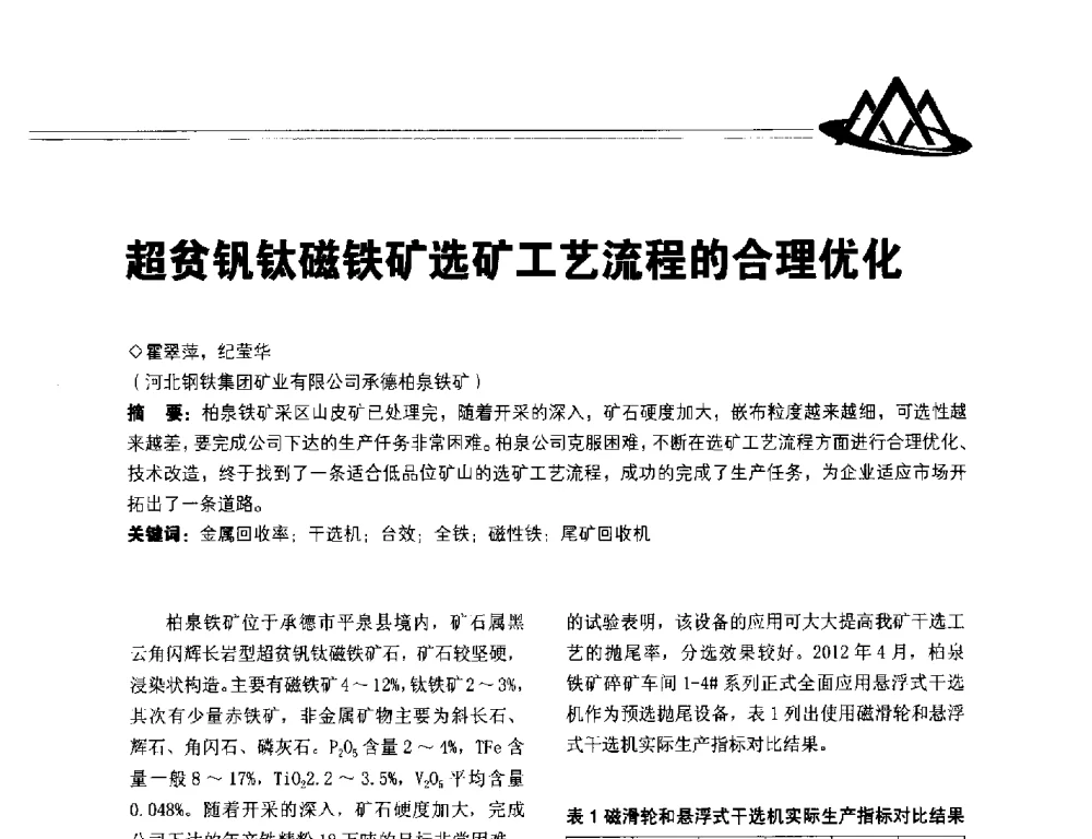 超贫钒钛磁铁矿选矿工艺流程的合理优化 - 2014年全国低品位矿高效开发利用技术交流会