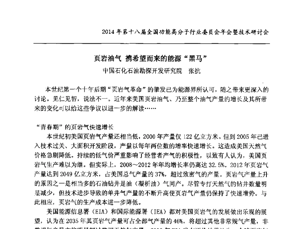 页岩油气携希望而来的能源黑马 - 2014第十八届全国功能高分子行业委员会年会暨技术研讨会