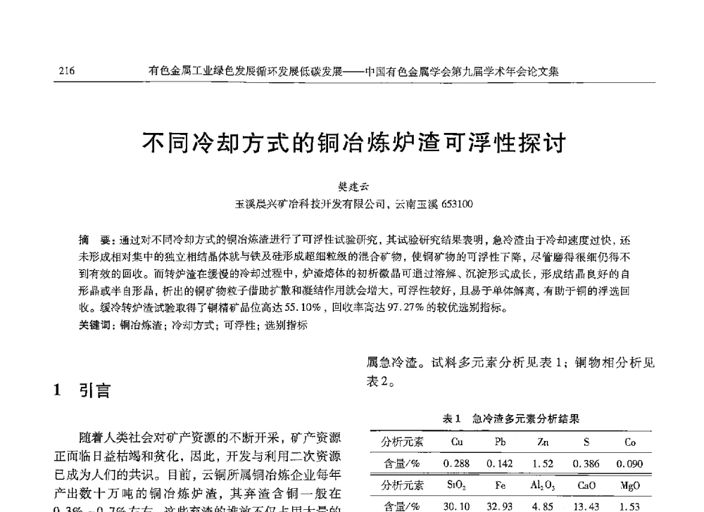 不同冷却方式的铜冶炼炉渣可浮性探讨 - 中国有色金属学会第九届学术年会