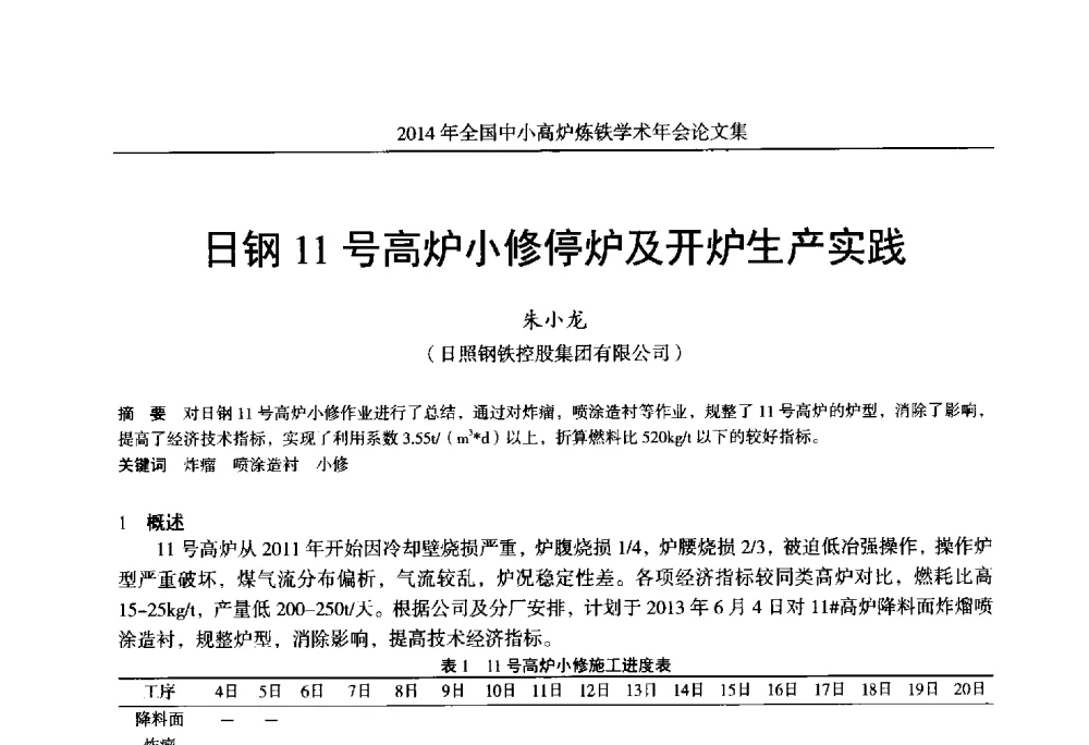 日钢11号高炉小修停炉及开炉生产实践 - 2014年全国中小高炉炼铁学术年会