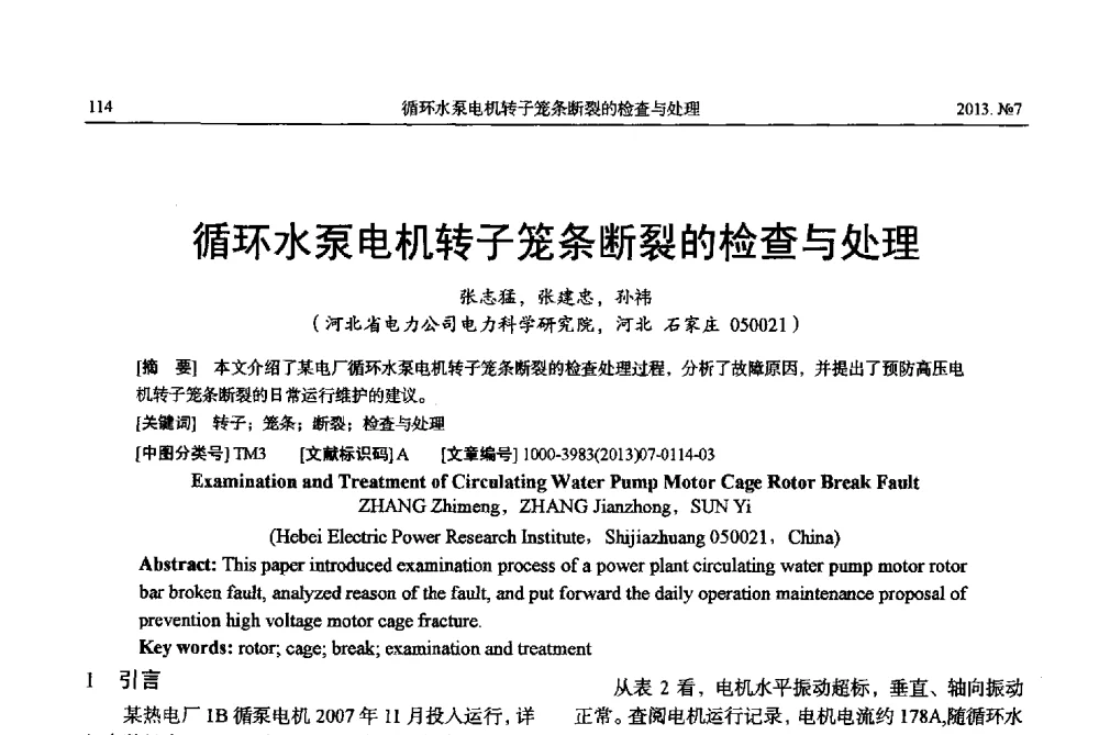 循环水泵电机转子笼条断裂的检查与处理 - 中国电机工程学会大电机专业委员会、中国电工技术学会大电机专业委员会2013年学术年会