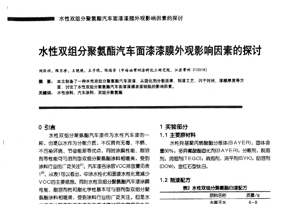 水性双组分聚氨酯汽车面漆漆膜外观影响因素的探讨 - 第11届车用涂料与涂装技术研讨会暨2013汽车涂料专委会年会