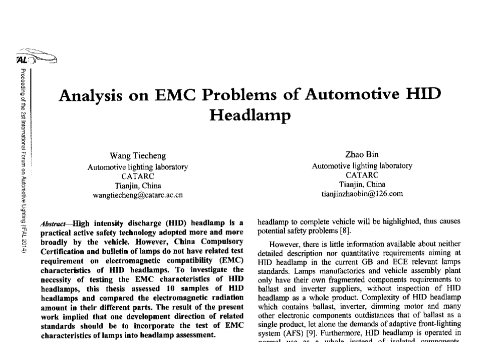 Analysis on EMC Problems of Automotive HID Headlamp - The 2nd International Forum on Automotive Lighting_2nd IFAL(第二届中国国际汽车照明论坛(2014))
