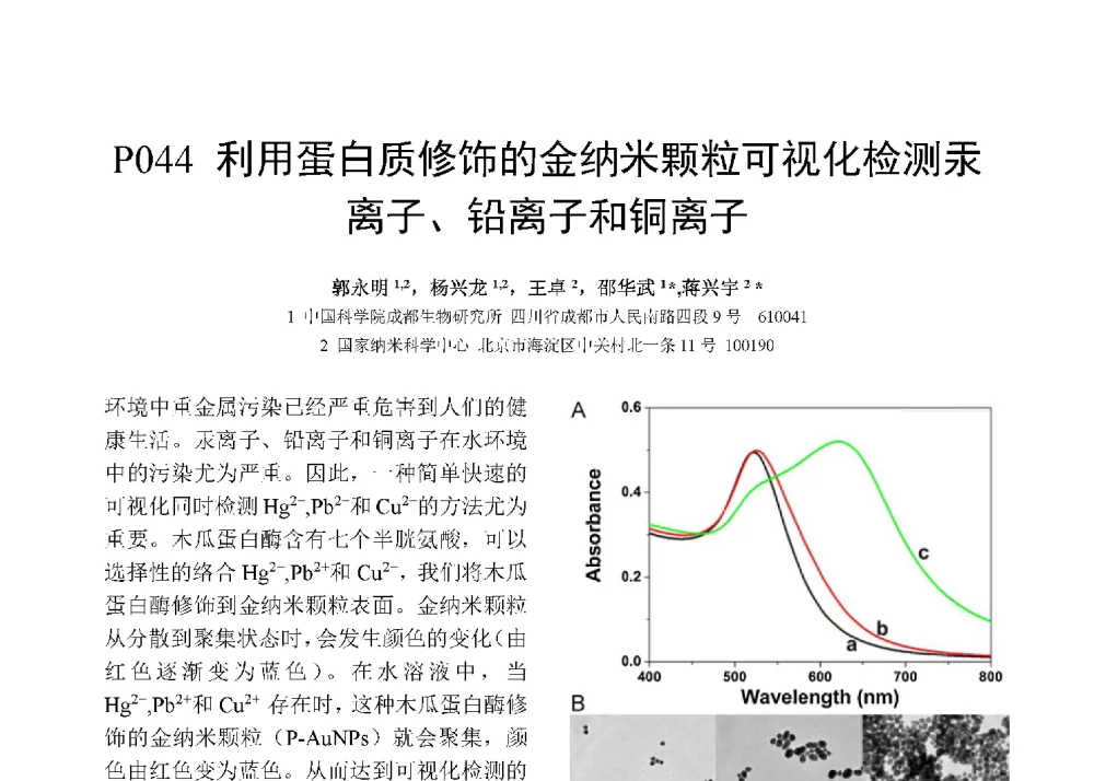 利用蛋白质修饰的金纳米颗粒可视化检测汞离子、铅离子和铜离子 - 第十二届全国化学传感器学术会议