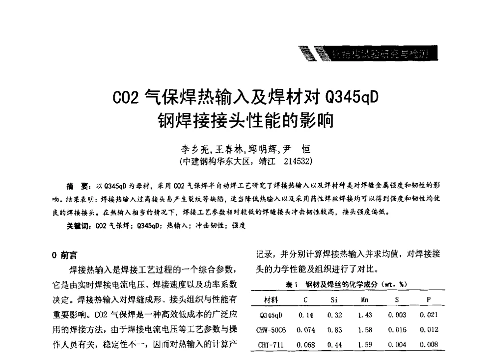 CO2气保焊热输入及焊材对Q345qD钢焊接接头性能的影响 - 2014年江苏省钢结构行业年会暨江苏省钢结构新技术研讨会