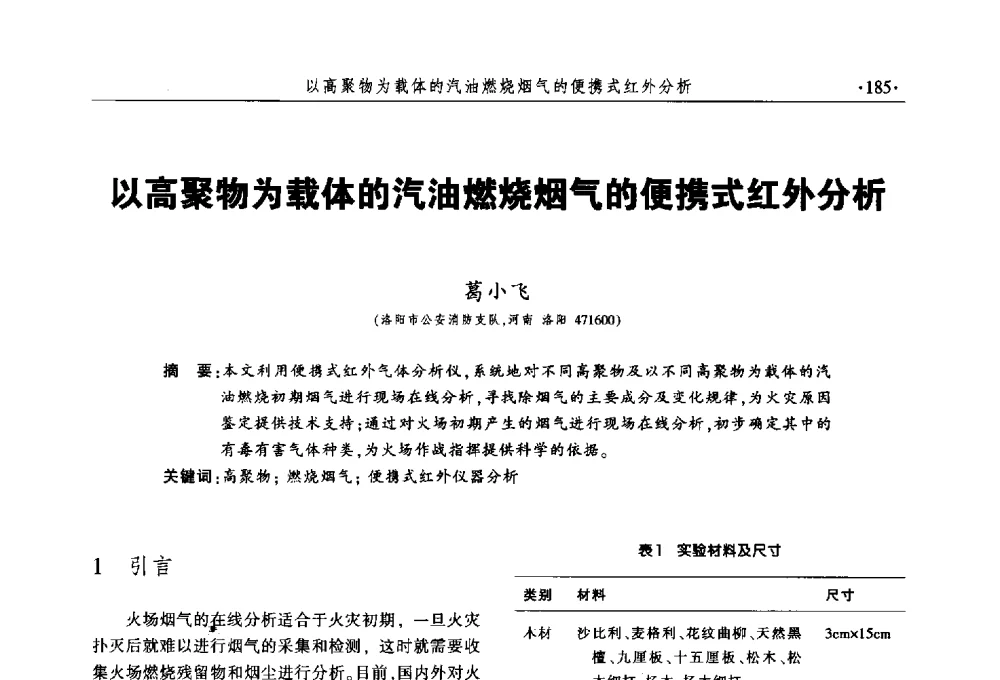 以高聚物为载体的汽油燃烧烟气的便携式红外分析 - 中国消防协会火灾原因调查专业委员会五届三次年会暨学术研讨会