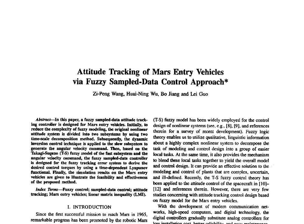 Attitude Tracking of Mars Entry Vehicles via Fuzzy Sampled-Data Control Approach - 西南大学2014年全国博士生学术论坛(电子技术与信息科学领域)