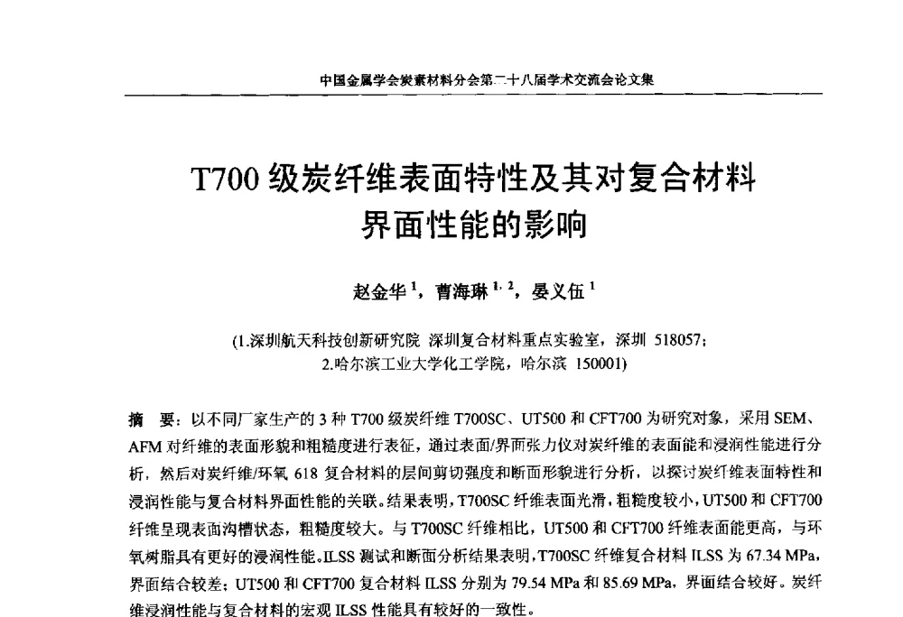 T700级炭纤维表面特性及其对复合材料界面性能的影响 - 中国金属学会炭素材料分会第二十八届学术交流会