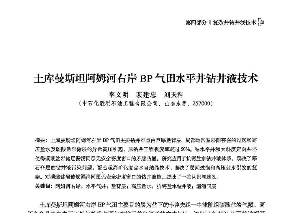 土库曼斯坦阿姆河右岸BP气田水平井钻井液技术 - 2013年度全国钻井液完井液技术交流研讨会