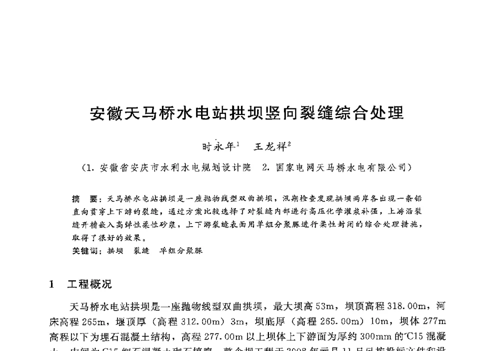 安徽天马桥水电站拱坝竖向裂缝综合处理 - 第十二届全国水工混凝土建筑物修补加固技术交流会